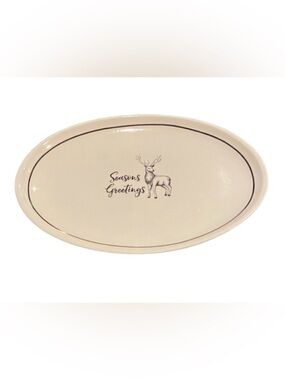 American Atelier Season's Greetings Oval Platter - White with Deer. Ceramic.